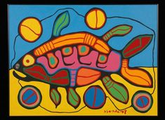 a painting of a fish on a blue and yellow background