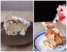 there are pictures of different desserts on the table and one has a fork in it