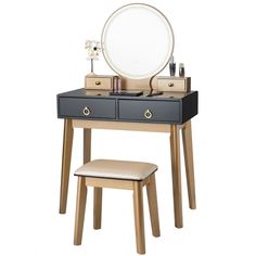 Topbuy Vanity table and stool set is a stylish and functional contemporary piece of furniture to your home. Density board paint and solid wood legs make the dressing table stable and durable. 4 drawers and wide tabletop offer ample storage space for your makeup, jewelry, nail polish, hair accessories and other beauty supplies. There are three colors of LED that can be adjusted to illuminate your beauty. You can put this vanity desk in bedroom, bathroom, closet or hallway. As a birthday present o Big Round Mirror, Vanity Makeup Table, Padded Stool, Makeup Dressing Table, Dresser Table, Color Lighting, Vanity Table Set, Organizer Makeup, Bedroom Dressing Table