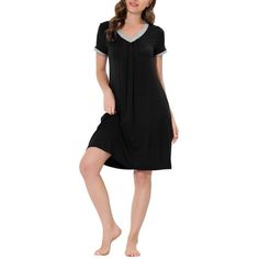 This style of stretchy lounge dress it's easy to put on or take off, which can give you a light and simple dressing experience, and keep you nice and comfortable all day. The super soft pajama dress for women is stretchy, soft, lightweight, breathable, and comfortable to wear. This pajama dress is casual, even if guest visits suddenly, you won't feel embarrassed, making your home life more convenient. The lounge dress also be a perfect gift for your mom, wife, daughter, girlfriend, or friends as Black Summer Nightgown For Loungewear, Casual Black Nightgown For Sleepover, Black Summer Dress For Sleepover, Black Summer Lounging Dresses, Black Stretch Sleepwear, Black Summer Dress For Sleepovers, Black Nightgown For Sleepover, Casual Black Sleepwear For Night, Black Casual Sleepwear For Night