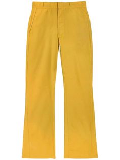 mustard yellow cotton high-waisted belt loops concealed front fastening two rear jetted pockets logo patch to the rear straight leg Gallery Dept, Flare Trousers, Chinos Pants, Mustard Yellow, Patch Logo, Mustard, Fashion Branding, Straight Leg, Trousers