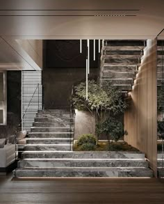 the interior of a modern house with stairs and plants