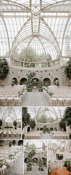 the inside of a building with tables and chairs