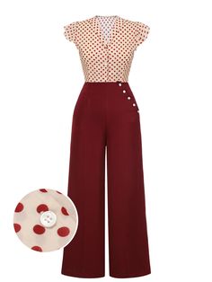 30-70% OFF✓ Fast Shipping✓Stand out with Retro Stage’s red polka dot blouse and burgundy pants, a striking set that combines bold patterns with a chic silhouette. 1950s Pants, 40s Outfits, Retro Stage, 1950’s Style, Inspired Clothes, Clothing Reference, Burgundy Pants, Vintage Romper, Fantasy Closet