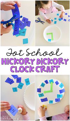 a collage of pictures showing how to make a paper plate clock with letters and numbers