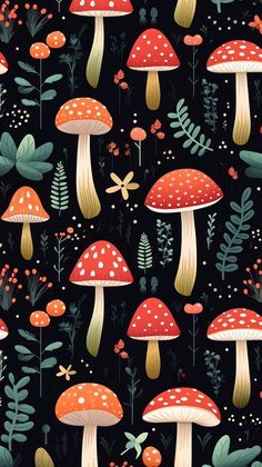 an image of mushrooms and plants on a black background for wallpaper or wrapping paper