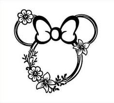 a minnie mouse head with flowers and butterflies on it's ears, drawn in black ink