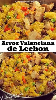 two pictures of food in a pan with the words arroz valencana de lechon