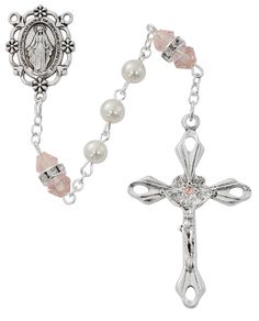 6mm Pearl Beads With Rondell Pink Our Father Beads. Silver Ox Crucifix And Center. Includes Deluxe Gift Box. Rose Rosary, Classy Birthday, Medal Design, Gold Tassel Necklace, Pearl Rosary, Vintage Rhinestone Brooch, Necklace Cross, Rosary Bracelet, Our Father