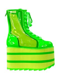 Sugar, Spice, and every thing nice! These bubbly festival boots are made from neon green vegan patent leather with a neon green clear pvc detail. It features a back zipper closure as well as adjustable shoe laces. The bottom is made from a green striped EVA bottom. Features a neon green rubber outsole with hack treading. 4 inch platform, 4.5 inch heel Neon Green Clothes, Neon Fashion Aesthetic, Citrus Outfit, Lime Green Boots, High Heel Crocs, Boot Drawing, Green Fashion Outfits, Neon Green Fashion, Gender Board