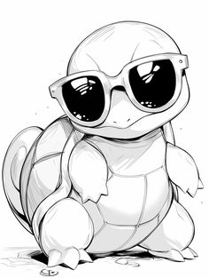 a black and white drawing of a turtle with sunglasses on it's head, sitting down