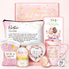 a pink box with some items in it and a sign that says best wishes just for you