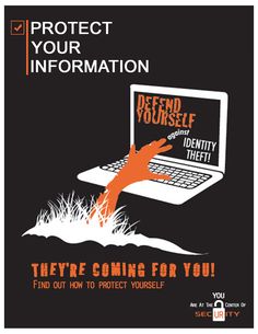 a poster with the words protect your information and an image of a person using a laptop