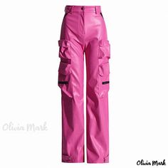 Olivia Mark - Chic Wide Leg Vegan Leather Pants with High Waist, Contrast Zip Trim, and Cargo Pockets Vegan Leather Pants, Olivia Mark, Vegan Leather, Leather Pants, Hot Pink, High Waist, Wide Leg, High Waisted, Trim