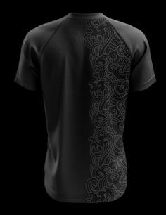 the back of a black and white shirt with an intricate design on it's chest