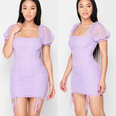 New With Tags Sheer Mesh Puffy Sleeve On Or Off The Shoulders Fully Lined - Double Layered Adjustable Ruching - Back Zipper True To Size - Some Stretch 100% Polyester Model Wears Sz Small Flirty Bodycon Purple Mini Dress, Flirty Purple Bodycon Mini Dress, Purple Flirty Bodycon Mini Dress, Flirty Purple Mini Bodycon Dress, Flirty Purple Mini Length Bodycon Dress, Purple Ruched Bodycon Summer Dress, Fitted Lavender Mini Dress With Short Sleeves, Flirty Purple Bodycon Dress For Spring, Fitted Short Sleeve Lavender Mini Dress