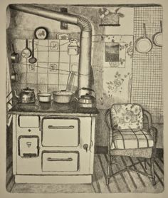 a drawing of a kitchen with an oven and chair