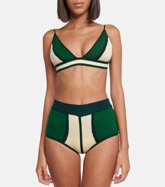 Jacquard ribbed-knit shorts in green multicolor Fitted Green Shorts With Seamless Construction, Fitted Summer Bottoms With Contrast Color, Fitted Bottoms With Contrast Color For Summer, Seamless Summer Loungewear Shorts, Green Seamless Fitted Shorts, Fitted Green Seamless Shorts, Fitted Seamless Green Shorts, Seamless Loungewear Shorts For Summer, Fitted Green Ribbed Swimwear