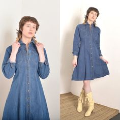 "Vintage 1970s Dress / 70s Denim Snap Front Shirtdress / Blue ( small S ) ~T H E R U N D O W N~ Modern Size: S Materials: Cotton denim Condition: Excellent vintage condition Brand: 16th Street ~F U L L D E T A I L S~ Classic '70s denim snap-front shirt dress that can also be worn open as a duster jacket. Subtle western styling with a pointed collar, snap front, cute little front pockets, long sleeves with a snap cuffs, and a flared skirt. So versatile! ~ M E A S U R E M E N T S~ Shoulders: 14.5 Dresses 70s, 70s Denim, 1970s Dress, Dress 70s, Duster Jacket, 1970s Dresses, F U, 70s Dress, 1970s Fashion