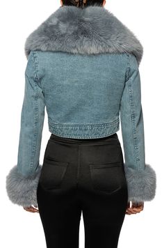 Enjoy a going out in style with this GISELE-DENIM FAUX FUR JACKET. Featuring a denim jacket and a cropped silhouette, this jacket is elevated with a luxurious touch from the dusty blue faux fur collar and cuffs. Its sophisticated and one-of-a-kind design will keep you warm and give you a unique, early 2000s inspired look. Fur Cuffs, Azalea Wang, Denim Trucker Jacket, Faux Fur Collar, Trucker Jacket, Faux Fur Jacket, Fur Collar, Fur Collars, Collar And Cuff