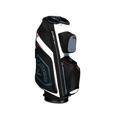 a black and white golf bag with blue accents