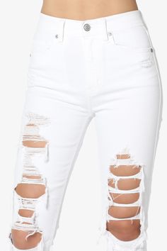 Crafted from soft cotton blend, these distressed jeans will be your go-to pair come the weekend. Designed with a skinny leg, shreded and a slimming high waist, this pair is the perfect go-to pick for casual looks any day of the week. Cool 'Off-duty' look - simply team them with everything from tees and slides to sweaters and sneakers.Stretch+: More stretch, more movement, more comfort with Soft cotton blend DenimSuper high rise, Zip fly with button closure, Ankle skinny legsFive pocket styling, Trendy White Ripped Jeans, Chic Ripped High Waist Jeans, Chic High Waist Ripped Jeans, Trendy White Distressed Jeans, Chic High-waist Ripped Jeans, White Edgy Jeans For Spring, Edgy White Jeans For Spring, White High Rise Ripped Jeans, Chic Ripped Cotton Jeans