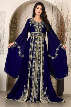 Long Blue Dabka Kaftan, Elegant Blue Kaftan With Intricate Embroidery, Blue Embroidered Fitted Kaftan, Royal Blue Embroidered Kaftan, Royal Long-sleeve Embroidered Kaftan, Moroccan Kaftan, Designer Dresses Casual, Evening Gowns Formal, Long Gown