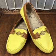 Upgrade Your Footwear Style With These Cushion Walk Women's Flat Loafers In A Vibrant Yellow Colorway. These Slip-On Shoes Feature A Comfortable Design With Buckle Embellishment And Faux Leather Upper Material. Perfect For Casual Occasions, These Loafers Also Add A Stylish Touch To Any Outfit With Their Brown Trim And Buckle Detail. Ideal For Those Who Value Both Comfort And Fashion, These Loafers Are A Must-Have For Any Fashion-Conscious Woman With A Us Shoe Size Of 6. Stylish, Comfortable, Nic Shoes Yellow, Flat Loafers, Brown Trim, Woman Shoes, Comfortable Design, Yellow And Brown, Womens Flats, Moccasins, Slip On Shoes