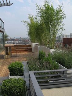 an outdoor deck with benches and plants on the top floor, next to a building