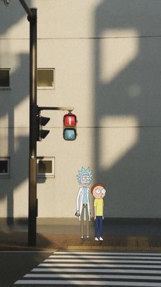 two cartoon figures are standing in front of a traffic light