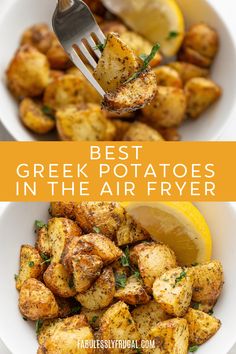 the best greek potatoes in the air fryer with lemon wedges and parsley