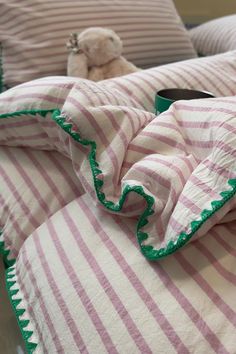 Violet Stripes Bedding Set with a Rabbit on it Pink Linen Bedding, Mixed Bedding, Violet Vibes, Gingham Sheets, Apartment Details, Stripe Bedding, Preppy Decor, Cute Bedding, Striped Bedding