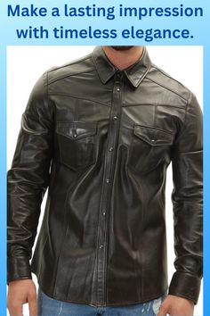 Picture of a model wearing our dark brown leather shirt, with long sleeves, front view Mens Leather Shirt, Big Men Fashion, Stylish Jackets, Leather Shirt, Dark Brown Leather, Leather Pieces, Big Men, Leather Outfit, Casual Shirts For Men