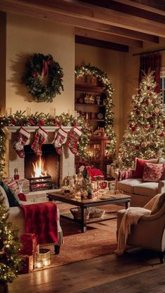 the living room is decorated for christmas with red and green decorations