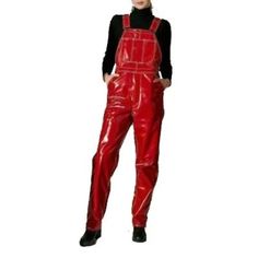 Women Vinyl Red Jumpsuit Romper Play Suit Pvc Two Side Pockets. Contrast Stitching. Adjustable Shoulder Straps. Zip Fly. Red Jumpsuits And Rompers For Work In Fall, Red Jumpsuit For Work In Fall, Red Jumpsuit For Workwear In Fall, Red Overall Jumpsuit For Fall, Fitted Red Overalls, Red Overall Jumpsuit With Pockets, Red Overall Jumpsuit For Work, Victorian Coat, Jumpsuit Denim