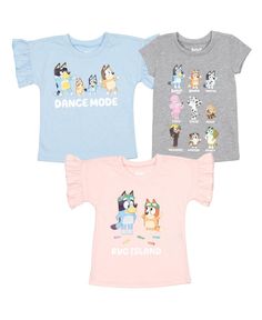 in stock Pink Cartoon Print T-shirt For Playwear, Pink Character Print Tops For Playtime, Pink Tops With Character Print For Playtime, Playful Gray Cotton T-shirt, Pink Graphic Tee For Playtime, Playful Gray Top With Graphic Print, Playful Gray Graphic Print Top, Playful Light Blue Cartoon Print T-shirt, Playful Light Blue Top With Cartoon Print