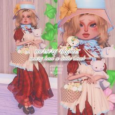 dress to impresss nursery rhymes outfit ideas / inspo ! themes: nursery rhymes, cottagecore ── .✦ made by me ! Nursery Rhyme Art, Nursery Rhyme Theme, Beautiful Vacation Spots, Vip Dress, Olivia + Core + Aesthetic, Art Zine, Childhood Stories, Doll Aesthetic, Quick Weave Hairstyles