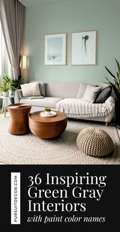 a living room with green gray walls and white rugs on the floor is featured in this article