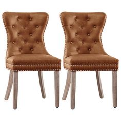 two brown chairs with wooden legs and studded upholstered backrests on white background