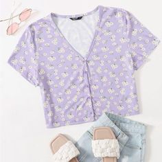 Never Worn; New Without Tags Purple Button-up Top For Day Out, Purple Floral Print Short Sleeve Tops, Purple Crop Top With Built-in Bra For Spring, Purple Floral Print Crew Neck Top, Cheap Purple Button-up Tops, Shein Tops, Ditsy Floral, Floral Design, Crop Tops