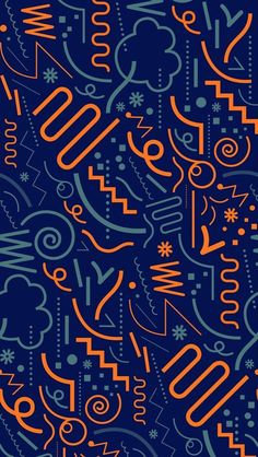 an abstract blue and orange background with numbers, symbols, and shapes in the style of doodles