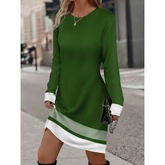 Season:Winter,Fall; Fabric:Polyester; Sleeve Length:Long Sleeve; Look After Me:Machine wash; Gender:Women's; Style:Mature,Streetwear,Fashion; Elasticity:Micro-elastic; Occasion:Going out,Daily,Vacation,Weekend,Outdoor; Fit Type:Loose Fit; Dresses Type:Winter Dress,Print Dress; Pattern:Stripe; Design:Print; Neckline:Crew Neck; Front page:FF; Listing Date:11/08/2023; 2024 Trends:2023; Bust:; Length:; Shoulder Width:; Sleeve:; Fit US Size:; Fit UK Size:; Fit EU Size:; Dress Length Type:Mini Dress; Green A-line Mini Dress For Winter, Green Shift Dress For Fall, Casual Shift Mini Dress, Casual Mini Dress In Sheath Style, Casual Sheath Mini Dress, Black Dresses Online, Womens Winter Dresses, Dress Winter, Trends 2023