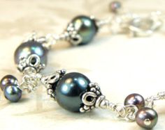 Pearl Bracelet, Silver Blue Peacock, Sterling Silver, Freshwater Pearls, Summer Wedding, June Birthday Gift, Birthstone, Ready to Ship Elegant Pearl And Gemstone Bracelet As Gift, Elegant Pearl Bracelet With Gemstone For Gift, Elegant Pearl Gemstone Bracelet Gift, Elegant Pearl Bracelet Gift, Elegant Pearl Beaded Bracelets With Gemstones, Elegant Pearl And Gemstone Wedding Bracelet, Tahitian Pearl Charm Jewelry For Wedding, Tahitian Pearl Charm Wedding Jewelry, Handmade Elegant Tahitian Pearl Jewelry