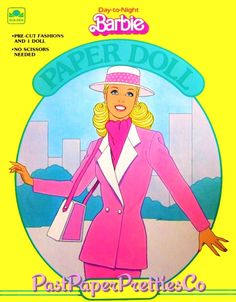 the barbie paper doll is wearing a pink suit and hat