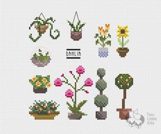 cross stitch pattern with different types of flowers and potted plants in pixel art style