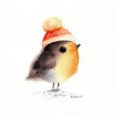 a watercolor painting of a bird with a santa hat on it's head