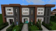 an image of a modern house in the minecraft style with lots of windows and doors