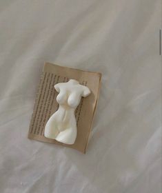 a book that is laying on top of a bed with a teddy bear figurine next to it