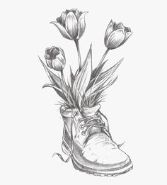 a drawing of a boot with tulips in it and a shoe on the ground