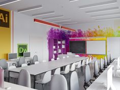 an empty classroom with desks and chairs